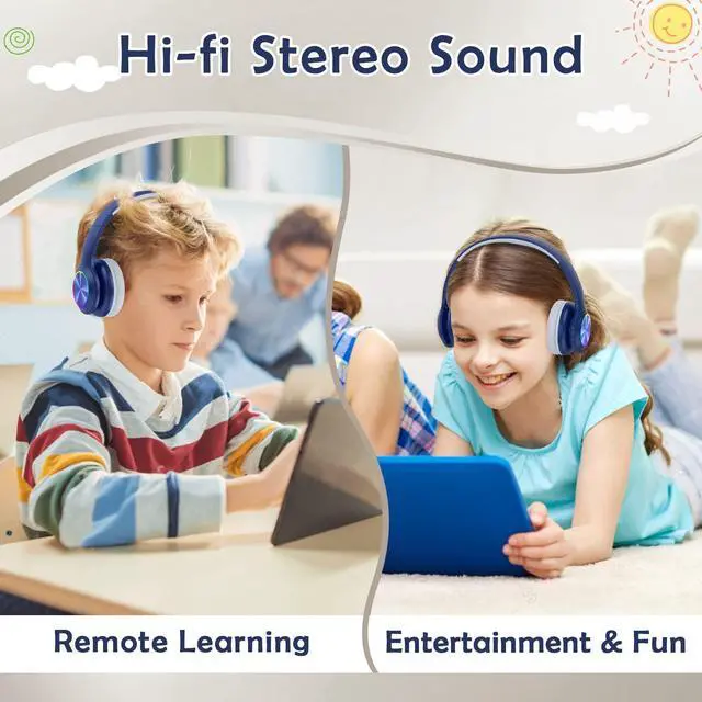 Alt view image 3 of 5 - Bluetooth Kids Headphones Fit for Aged 3-21, Colorful LED Lights Comfort Wireless Headphones with Microphone 94dB Volume Limited for School/iPad/PC/TV/Cellphones, Wired & TF Card Mode, Navy Blue