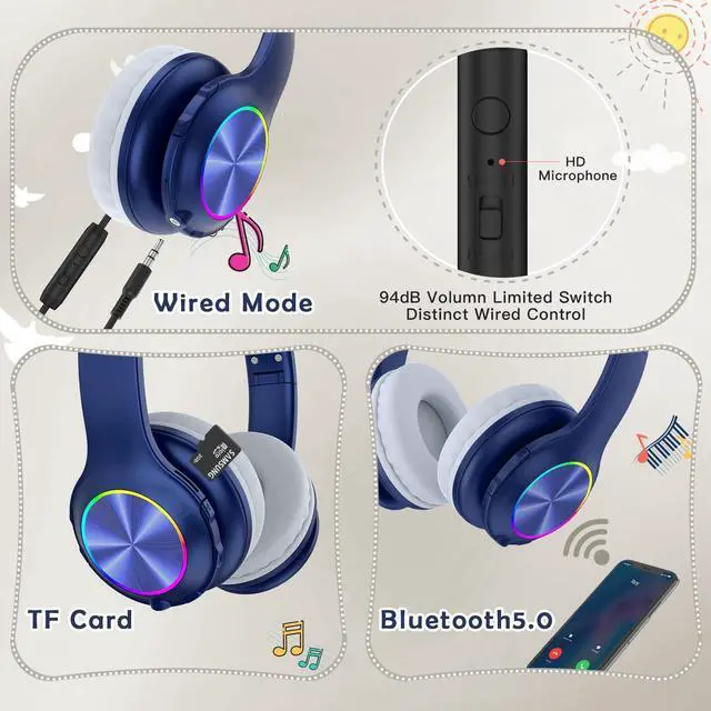 Alt view image 5 of 5 - Bluetooth Kids Headphones Fit for Aged 3-21, Colorful LED Lights Comfort Wireless Headphones with Microphone 94dB Volume Limited for School/iPad/PC/TV/Cellphones, Wired & TF Card Mode, Navy Blue