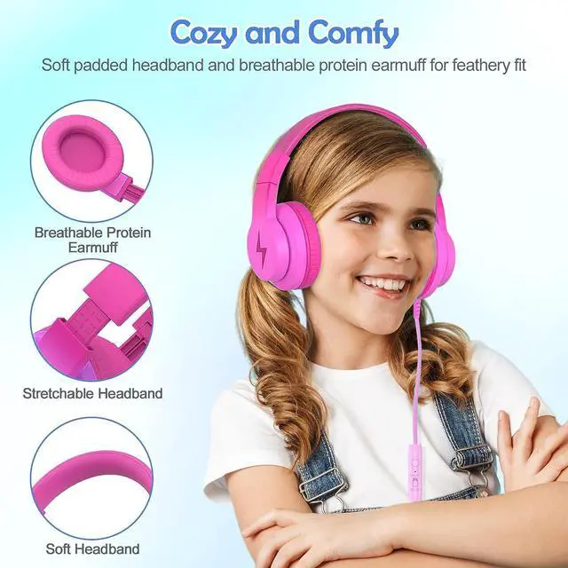 Alt view image 4 of 4 - Kids Headphones, Wired Headphones for Kids Over Ear with Microphone, 85/94dB Volume Limiter Headphones for Girls Boys with Sharing Jack, Foldable Headphones for Online Study, Gradient Deep Pink