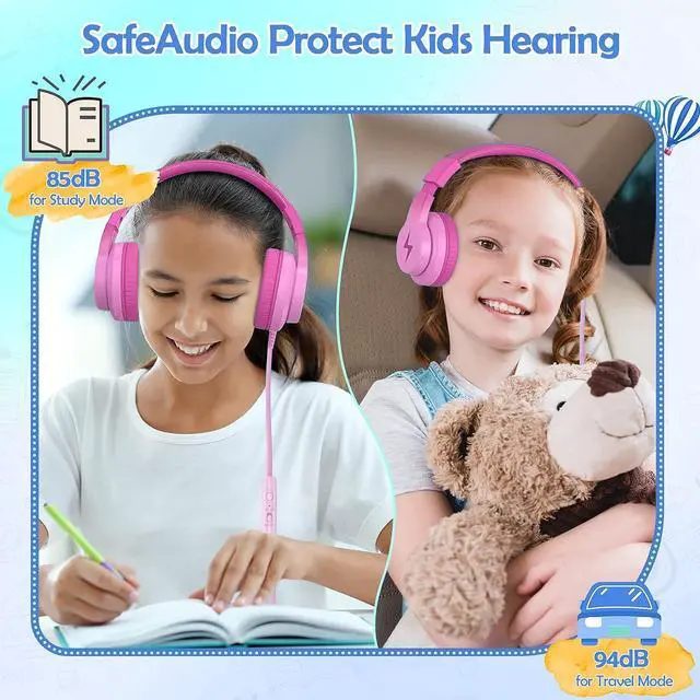 Alt view image 2 of 4 - Kids Headphones, Wired Headphones for Kids Over Ear with Microphone, 85/94dB Volume Limiter Headphones for Girls Boys with Sharing Jack, Foldable Headphones for Online Study, Gradient Deep Pink