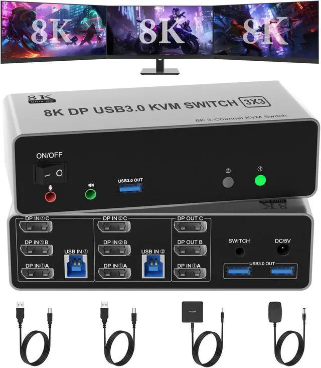 Main image of 8K@60Hz KVM Switch 3 Monitors 2 Computers 4K@144Hz, DP 1.4 Displayport KVM Switch Triple Monitor for 2 Computer Share 3 Monitor, Audio Mic Port and 3 USB3.0 Devices Support Extended and Copy Mode