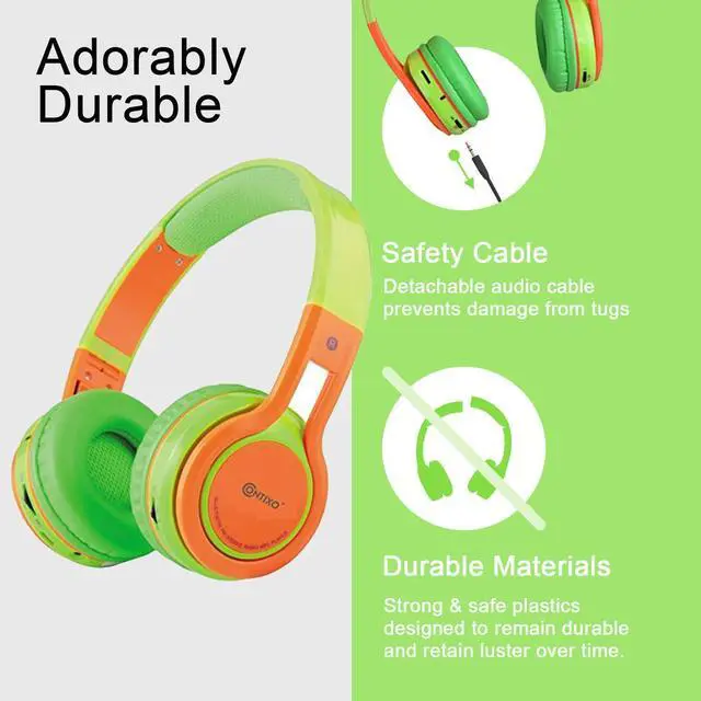 Alt view image 3 of 5 - Contixo KB-2600 Kids Over Ear Foldable Bluetooth Headphones - Kids Safe 85dB with Volume Limiting - Built-in Microphone - Micro SD Card Slot - FM Stereo Radio - Phone Controls (Green + Orange)