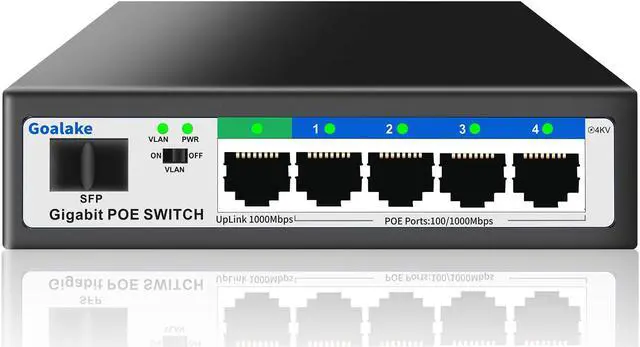 Main image of Goalake 5 Port Gigabit PoE Switch and 1 Gigabit SFP Slot, Unmanaged PoE Switch with 4 Gigabit Port PoE+@52W, Fanless&Metal Design, Plug & Play, VLAN Mode, Overload Protection