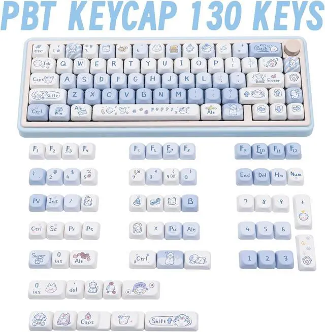 Alt view image 2 of 5 - COOMICKEY Blue White PBT Keycaps 130 Keys XOA Profile Round Keycaps Cute Puppy Custom Keycaps Dye-Sublimation Keyboard Keycaps Set for Cherry MX Gateron Kailh Switches Mechanical Keyboards