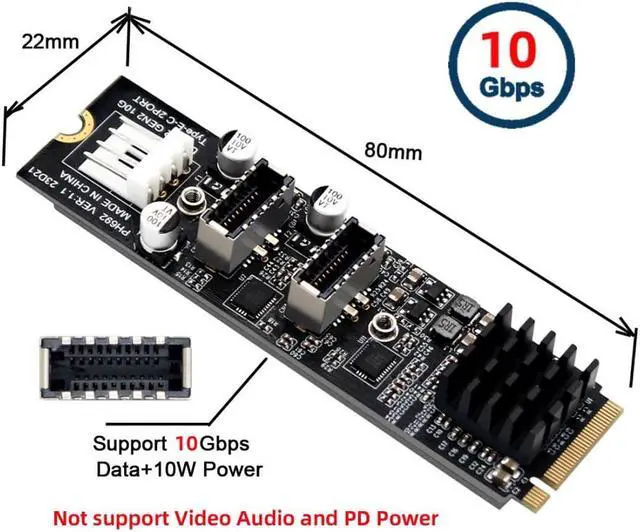Alt view image 2 of 5 - ChenYang M.2 NVME NGFF M-Key 1 to 2 USB 3.1 Type-E Front Panel Socket Mainboard Header Extension Adapter