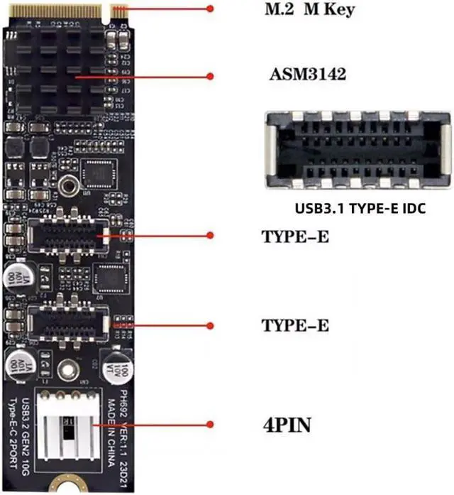 Alt view image 3 of 5 - ChenYang M.2 NVME NGFF M-Key 1 to 2 USB 3.1 Type-E Front Panel Socket Mainboard Header Extension Adapter