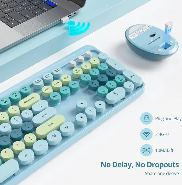 Alt view image 2 of 5 - GTSP Typewriter Colorful Wireless Keyboard and Mouse Combo, 2.4GHz Full-Size Retro Cute Office Computer Keyboard with Round Keycaps for Desktop Laptop and PC (Light Blue)