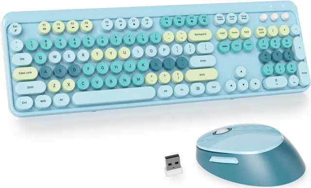 Main image of GTSP Typewriter Colorful Wireless Keyboard and Mouse Combo, 2.4GHz Full-Size Retro Cute Office Computer Keyboard with Round Keycaps for Desktop Laptop and PC (Light Blue)