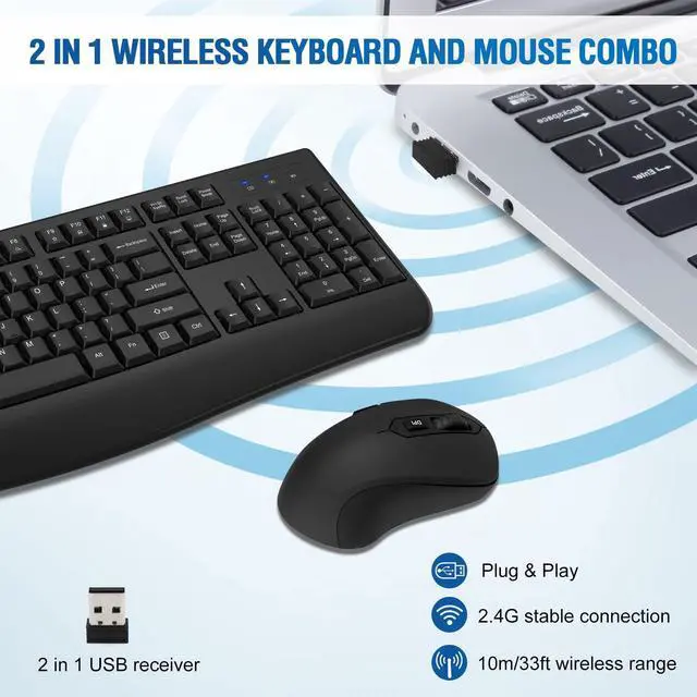 Alt view image 2 of 5 - Wireless Keyboard and Mouse Combo, Full-Sized 2.4GHz Comfortable Palm Rest and Optical Wireless Mouse for Windows, Mac OS PC/Desktops/Computer/Laptops(2 Pack)