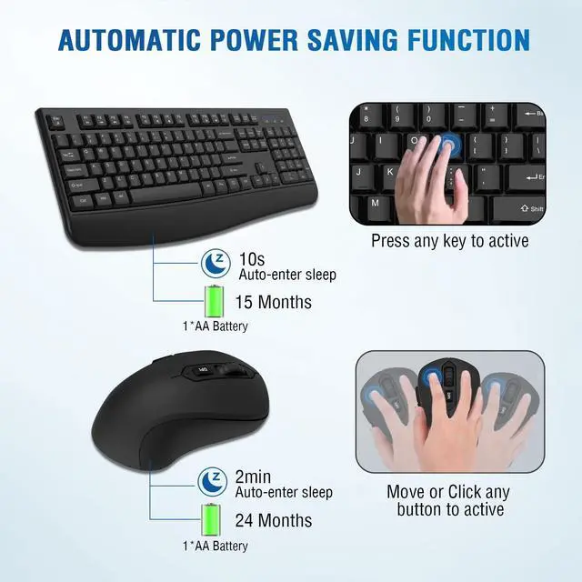 Alt view image 3 of 5 - Wireless Keyboard and Mouse Combo, Full-Sized 2.4GHz Comfortable Palm Rest and Optical Wireless Mouse for Windows, Mac OS PC/Desktops/Computer/Laptops(2 Pack)
