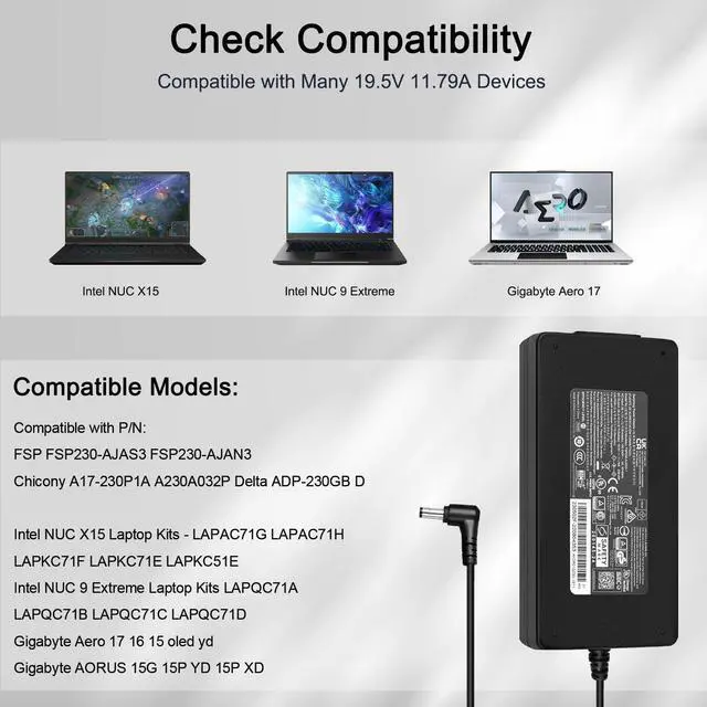 Alt view image 3 of 5 - FLGAN 230W Charger powr cord for Intel NUC X15 / 9 Extreme Laptop Kits Gigabyte Aero 17 16 15 AORUS 15G 15P YD XD FSP FSP230-AJAS3 FSP230-AJAN3 A17-230P1A