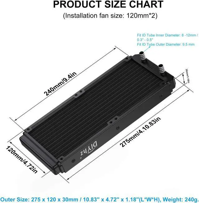 Alt view image 2 of 5 - DIYhz Water Cooling Computer Radiator, 12 Pipe Aluminum Heat Exchanger Liquid Cooling Radiator Heat Sink 240mm for CPU PC Laser Water Cool System DC12V Black with tube