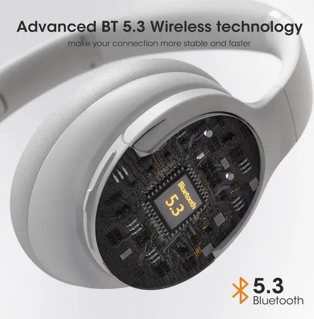 Alt view image 3 of 5 - DOQAUS UPGRADED Wireless Headphones Over Ear, 90H Playtime Bluetooth 5.3 Wireless Headphones with 3EQ Modes, Built-in HD Mic, HiFi Stereo Sound, Deep Bass, Memory Foam Ear Cups (Light Gray)