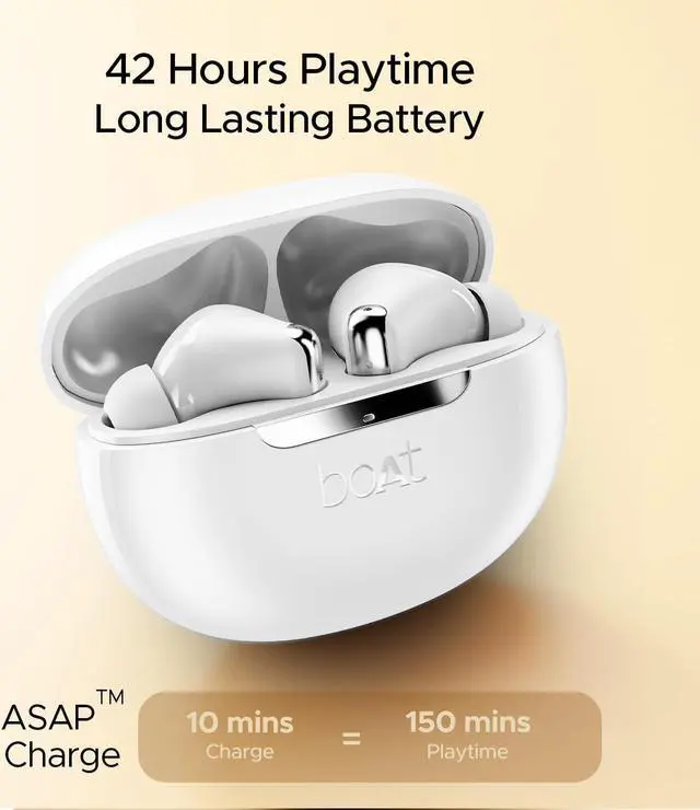 Alt view image 4 of 5 - boAt Newly Launched Airdopes 141 ANC TWS Earbuds with 42 hrs Playback/50 ms Low Latency BEAST(tm)Mode/IWP(tm)Tech/Signature Sound/Quad Mics with ENx(tm)/ASAP(tm) Charge/USB Type-C Port/IPX5 (White)