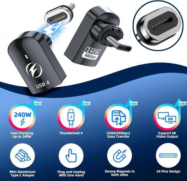 Alt view image 2 of 5 - DuHeSin USB C Magnetic Adapter 240W (2 Pack) Right Angle Magnetic USB-C Adapter 24 Pins with USB4 40Gbps 8K 60Hz for Thunderbolt 3/4, MacBook Pro/Air, Swtich and More Type C Devices