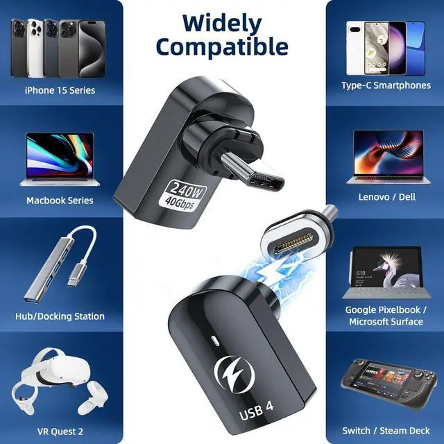 Alt view image 4 of 5 - DuHeSin USB C Magnetic Adapter 240W (2 Pack) Right Angle Magnetic USB-C Adapter 24 Pins with USB4 40Gbps 8K 60Hz for Thunderbolt 3/4, MacBook Pro/Air, Swtich and More Type C Devices