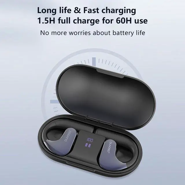 Alt view image 2 of 5 - DUVOSS Open-Ear Headphones, True Wireless 5.3 Bluetooth Earbuds with Microphone, Clear Calls, Music Play, Fast Charging, IXP4 Waterproof, Lightweight, Sport Earbuds with Earhooks, 60 Hours, Black