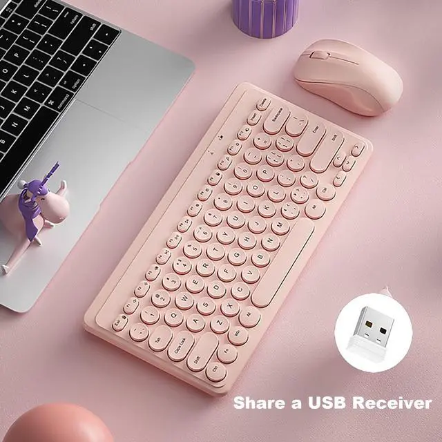 Alt view image 3 of 5 - Compact Keyboard MouseCombo,JieruiDeng 79-Key Retro Mini Cute Computer Keyboard 2.4G USB Wireless and Silent Mice Set for Laptop Desktop PC iPad (Pink)