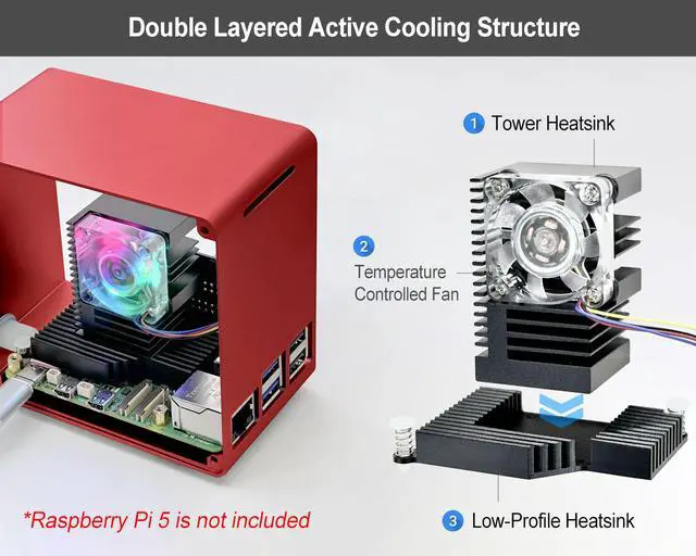 Alt view image 2 of 5 - ElectroCookie Raspberry Pi 5 Case, Aluminum Mini Tower Case with Cooling Fan and Color Changing Ambient Light (Red)