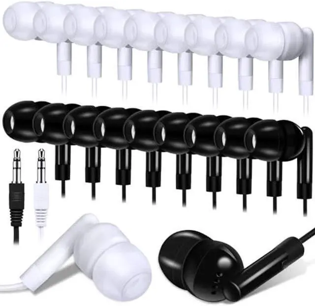 Main image of Kanayu 100 Packs Kids Earbuds Bulk Basic Student Earphone Individually Bagged 3.5 mm Headphones for Schools Classrooms Library Teens Gift, Black and White
