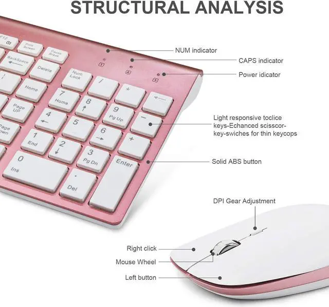 Alt view image 4 of 5 - KANG RUI Wireless Keyboard and Mouse Combo, Full size 2.4G USB Keyboard Ergonomic Cordless Wireless for PC Laptop Tablet Computer Windows - Rose gold