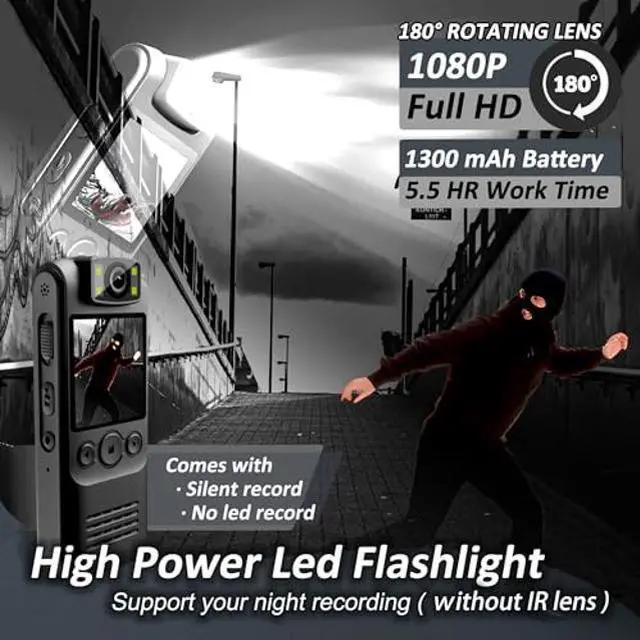 Alt view image 4 of 5 - Body Camera with Audio & Video Recording- 64GB 1080P HD Police Cop Cam for Outdoor Law Enforcement Guard Travel Hike Cameras- With 1.4 in-Screen Magnetic Lanyard Flashlight 6HR Battery Life Recorder