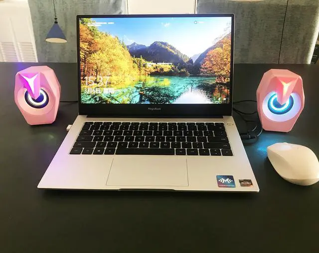 Alt view image 3 of 5 - Computer speaker RGB pink game led speaker for PC 2.0 Wired USB powered stereo volume control Dual channel multimedia AUX 3.5mm for laptop desktop display, 6W