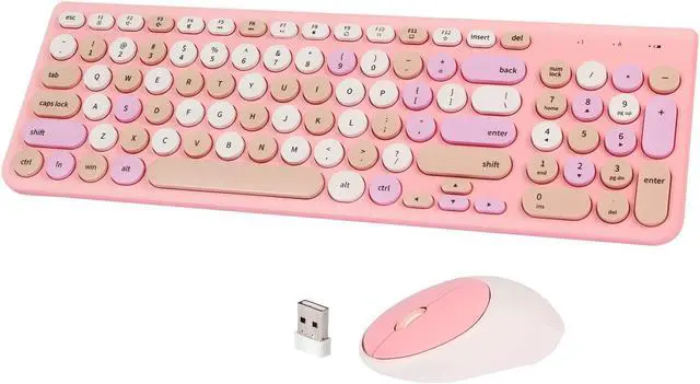 Main image of Wireless Keyboard and Mouse Combo, Retro Typewriter Wireless Keyboard with Round Keycaps, 2.4GHz Full-Size USB Cute Wireless Keyboard Mouse for Computer, Desktop, Laptop and Computer (Pink-Colorful)