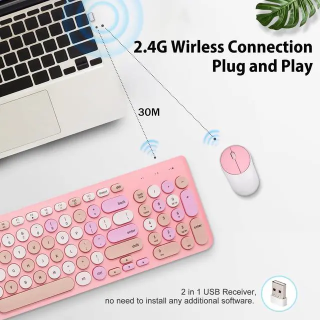 Alt view image 2 of 5 - Wireless Keyboard and Mouse Combo, Retro Typewriter Wireless Keyboard with Round Keycaps, 2.4GHz Full-Size USB Cute Wireless Keyboard Mouse for Computer, Desktop, Laptop and Computer (Pink-Colorful)