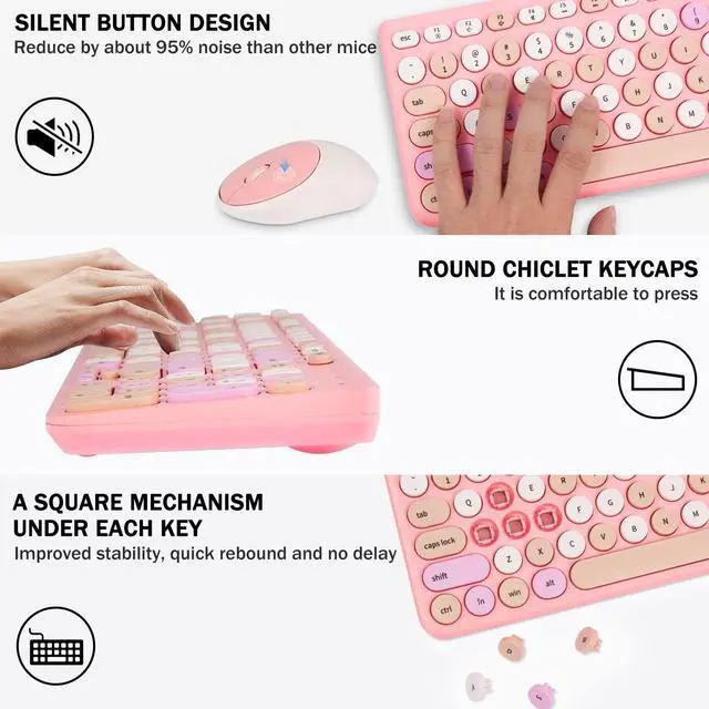 Alt view image 4 of 5 - Wireless Keyboard and Mouse Combo, Retro Typewriter Wireless Keyboard with Round Keycaps, 2.4GHz Full-Size USB Cute Wireless Keyboard Mouse for Computer, Desktop, Laptop and Computer (Pink-Colorful)