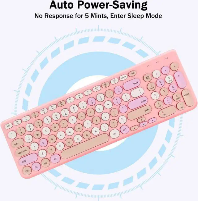 Alt view image 3 of 5 - Wireless Keyboard and Mouse Combo, Retro Typewriter Wireless Keyboard with Round Keycaps, 2.4GHz Full-Size USB Cute Wireless Keyboard Mouse for Computer, Desktop, Laptop and Computer (Pink-Colorful)