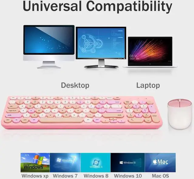 Alt view image 5 of 5 - Wireless Keyboard and Mouse Combo, Retro Typewriter Wireless Keyboard with Round Keycaps, 2.4GHz Full-Size USB Cute Wireless Keyboard Mouse for Computer, Desktop, Laptop and Computer (Pink-Colorful)