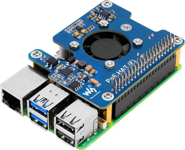 Main image of MakerFocus PoE HAT(F) for Raspberry Pi 5, Power Over Ethernet Hats with Metal Heatsink and Active Cooling Fan, Supports IEEE 802.3af/at Network, 5V/12V Power Output and SMPS