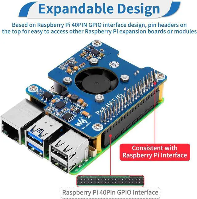 Alt view image 4 of 5 - MakerFocus PoE HAT(F) for Raspberry Pi 5, Power Over Ethernet Hats with Metal Heatsink and Active Cooling Fan, Supports IEEE 802.3af/at Network, 5V/12V Power Output and SMPS