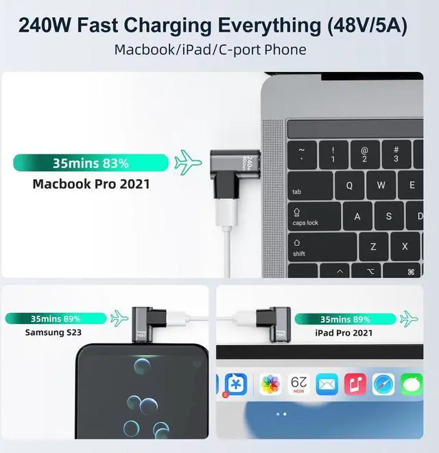 Alt view image 2 of 5 - HanCenDa USB C Magnetic Adapter 240W, 24Pin Magnetic USB C 90 Degree Adapter Type C Adapter with USB4 40Gbps Data Transfer, 8K 60Hz Video for Thunderbolt 3/4, MacBook Pro/Air, iPhone 15 Elbow, 2Pack