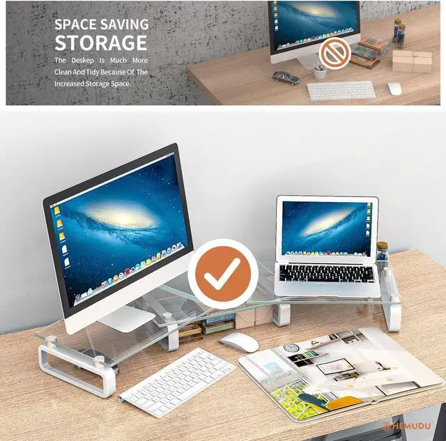 Alt view image 4 of 5 - Hemudu Dual Monitor Stand, Computer Monitor Stand, Desktop Organizer, Monitor Stand Riser for PC, Computer, Laptop Clear HD02T-301