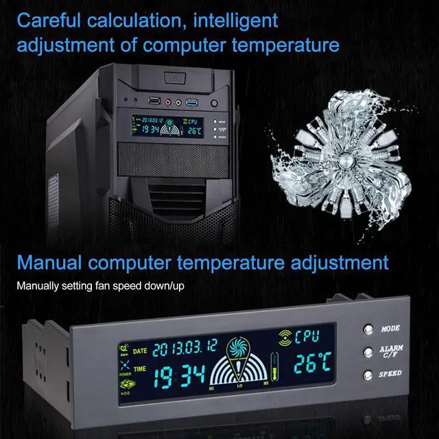Alt view image 2 of 5 - Computer 3-Fan Speed Controller,10W 3Fan Automatic/Manual Adjustable Speed Controller CPU/HDD/SYS Temperature Control LCD Front Panel 5.25in