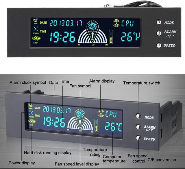 Alt view image 5 of 5 - Computer 3-Fan Speed Controller,10W 3Fan Automatic/Manual Adjustable Speed Controller CPU/HDD/SYS Temperature Control LCD Front Panel 5.25in