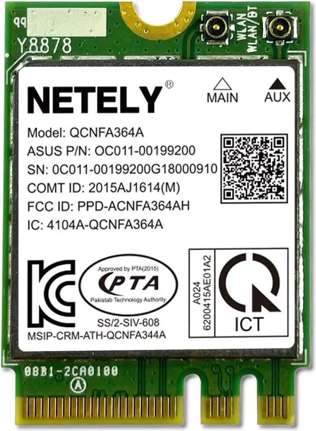 Main image of NETELY IEEE 802.11AC WiFi 5 NGFF M2 Interface 1200Mbps WiFi Adapter with Bluetooth 4.2 for Laptop PCs and Desktop PCs, 2.4GHz 300Mbps and 5GHz 867Mbps, ASUS P/N: 0C011-00199200 (QCNFA364A)