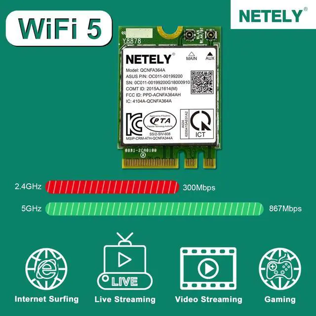 Alt view image 2 of 5 - NETELY IEEE 802.11AC WiFi 5 NGFF M2 Interface 1200Mbps WiFi Adapter with Bluetooth 4.2 for Laptop PCs and Desktop PCs, 2.4GHz 300Mbps and 5GHz 867Mbps, ASUS P/N: 0C011-00199200 (QCNFA364A)
