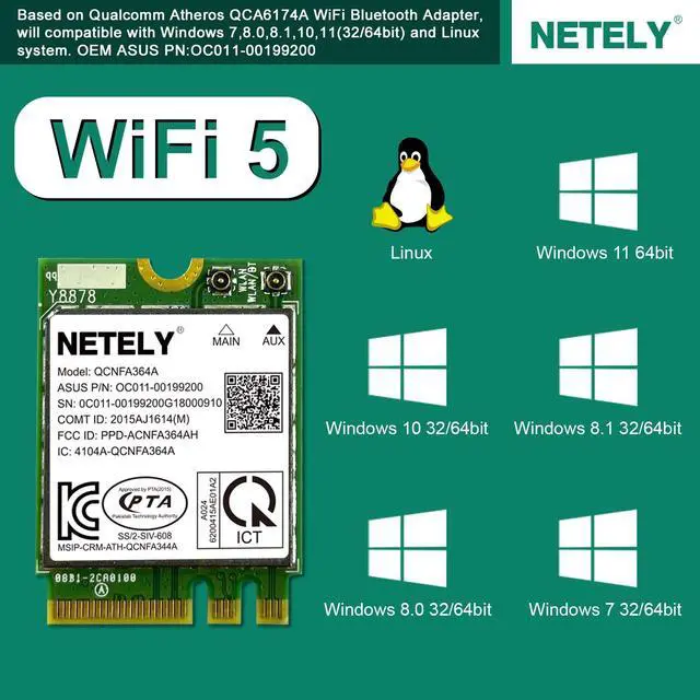 Alt view image 3 of 5 - NETELY IEEE 802.11AC WiFi 5 NGFF M2 Interface 1200Mbps WiFi Adapter with Bluetooth 4.2 for Laptop PCs and Desktop PCs, 2.4GHz 300Mbps and 5GHz 867Mbps, ASUS P/N: 0C011-00199200 (QCNFA364A)