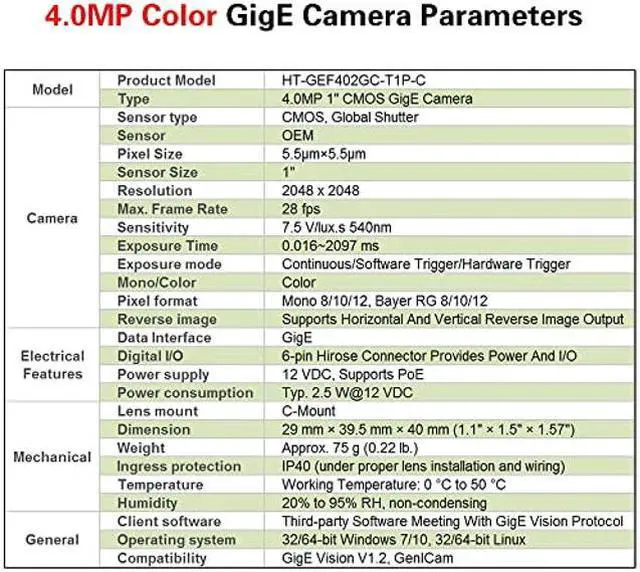 Alt view image 5 of 5 - HTENG VISHI GigE Ethernet 4.0MP 1" Color Industrial Camera Machine Vision Global Shutter C-Mouth CMOS Area Scan Camera 2048X2048@28FPS Indoor
