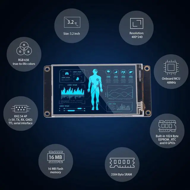 Alt view image 2 of 5 - Nextion 3.2'' HMI Display Enhanced Series NX4024K032 Resistive LCD-TFT Touch Screen 400 * 240, Nextion Display with RTC Function and 8 Digital GPIOs, Suitable for Racing Dashboard, MMDVM, etc.