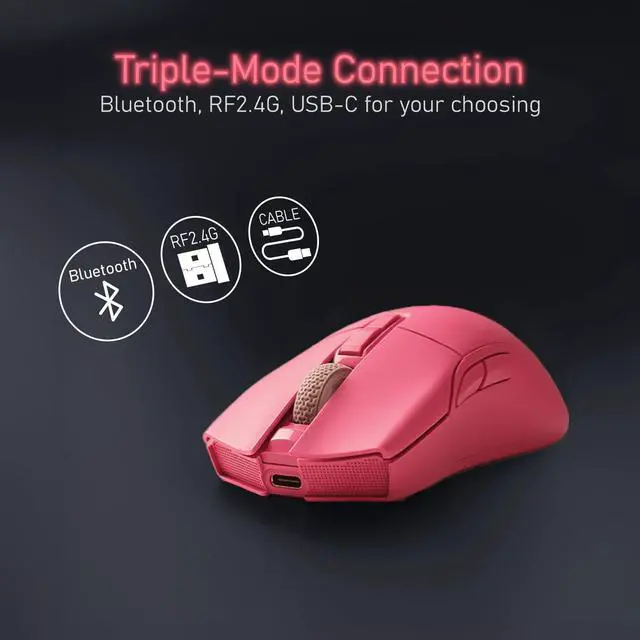 Alt view image 2 of 5 - iRocks M31R Wireless Gaming Mouse, Triple Mode 2.4G/ Bluetooth/USB-C Detachable Cable Gaming Mouse, Kailh GM8.0 Mouse Switches, Advanced PixArt PAW3395 Optical Sensor, Up to 26,000 DPI - Pink