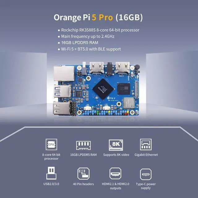 Alt view image 3 of 5 - Orange Pi 5 Pro 16GB LPDDR5 Rockchip RK3588S 8-Core 64-Bit Single Board Computer with eMMC Socket, Development Board Run Orange Pi/Ubuntu/Debian/Android 12 OS (5 Pro 16GB+5V5A Type C Power Supply)