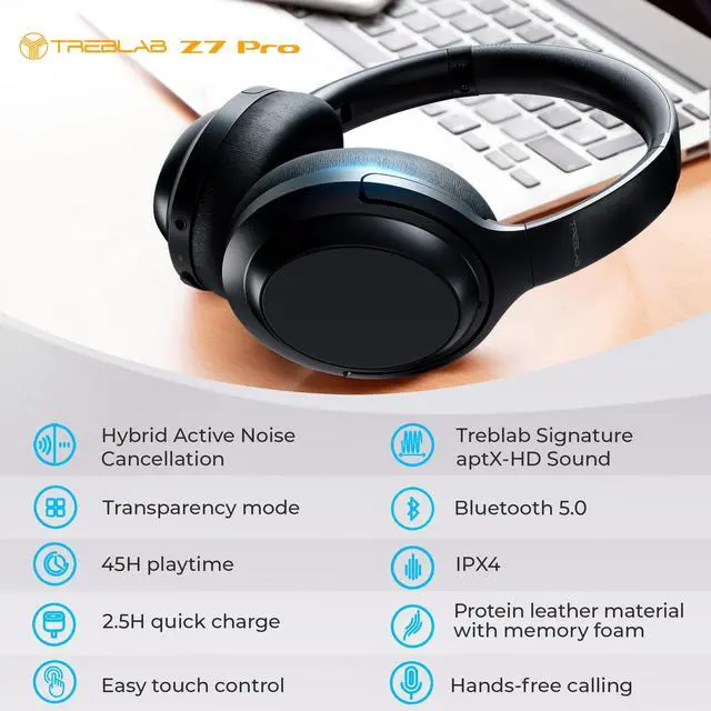 Alt view image 5 of 5 - TREBLAB Z7 Pro - Hybrid Active Noise Cancelling Headphones - Pure aptX-HD Sound - 45H Playtime, Fast Charging - Over Ear Wireless Bluetooth Headphones
