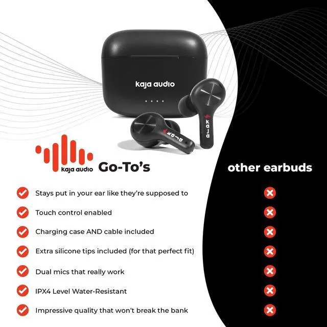 Alt view image 5 of 5 - Kaja Audio Go-To's Earbuds Wireless Bluetooth with Dual Mics & Touch Control - Wireless Earbuds for iPhone & Android - Noise Canceling Earbuds Wireless for Gym & Exercise - Cordless Earbuds Bluetooth