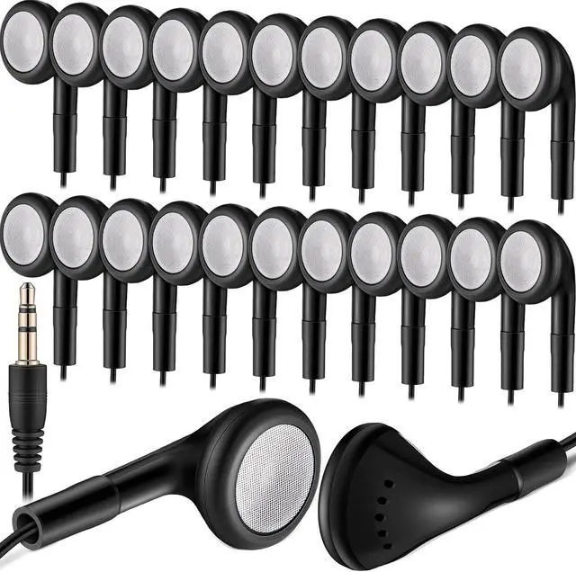 Main image of Kanayu 100 Pack Bulk Earbuds for Kids Students School Classroom Ear Buds Class Set Headphones without Mic Black Earphones for Adults Library Laptop, Individually Bagged