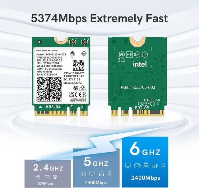 Alt view image 3 of 5 - QFly WiFi 6E AX210 NGW Wireless Card with Bluetooth 5.3, Tri-Band 5400Mbps Network Adapter for Laptop Support Windows 10/11 (64bit) M.2/NGFF