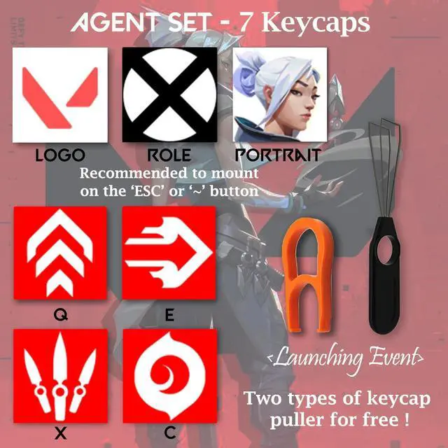 Alt view image 2 of 5 - Valorant Custom Keycaps (Agent Viper) - Laser Engraved with Each Valorant Agent's Portrait, Skills, and Position. Fit with Any Mechanical Keyboard. Valorant Gift for Gamers, Adults, and Teens.